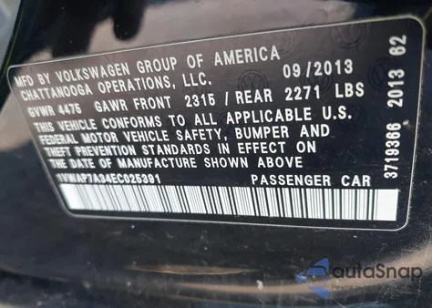 2014 Volkswagen Passat 2.5L S from USA, damaged, VIN 1VWAP7A34EC025391